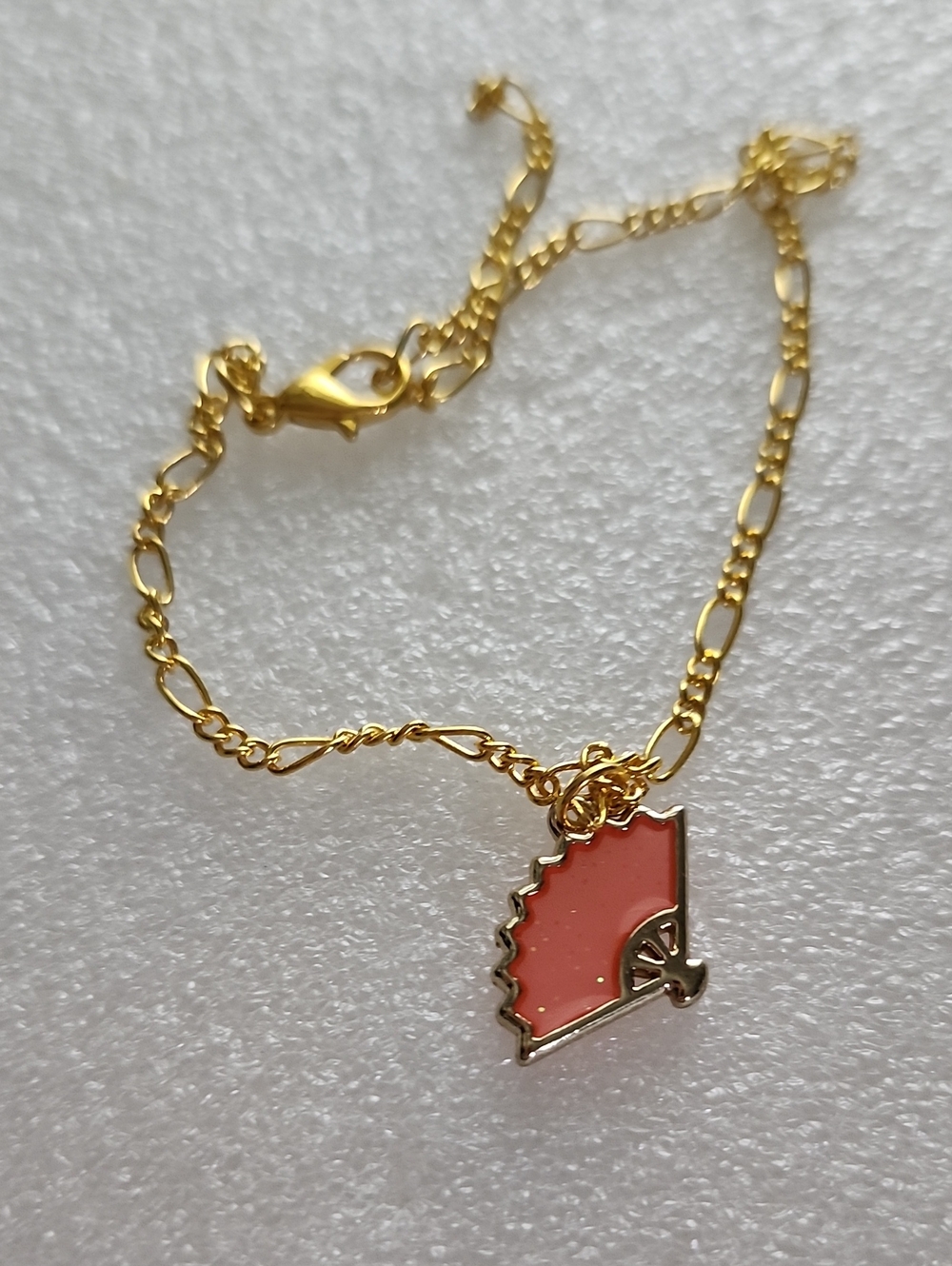 Hand Crafted Gold Bracelet / Anklet with Coral Pink Fan Charm